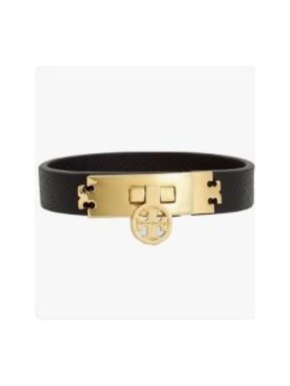 TORY BURCH Black Gold Logo Turn Lock Saffiano Leather Bracelet